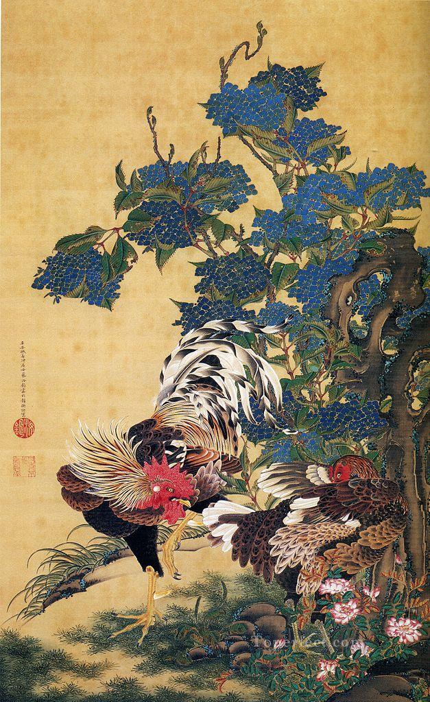 rooster and hen with hydrangeas Ito Jakuchu Japanese Oil Paintings